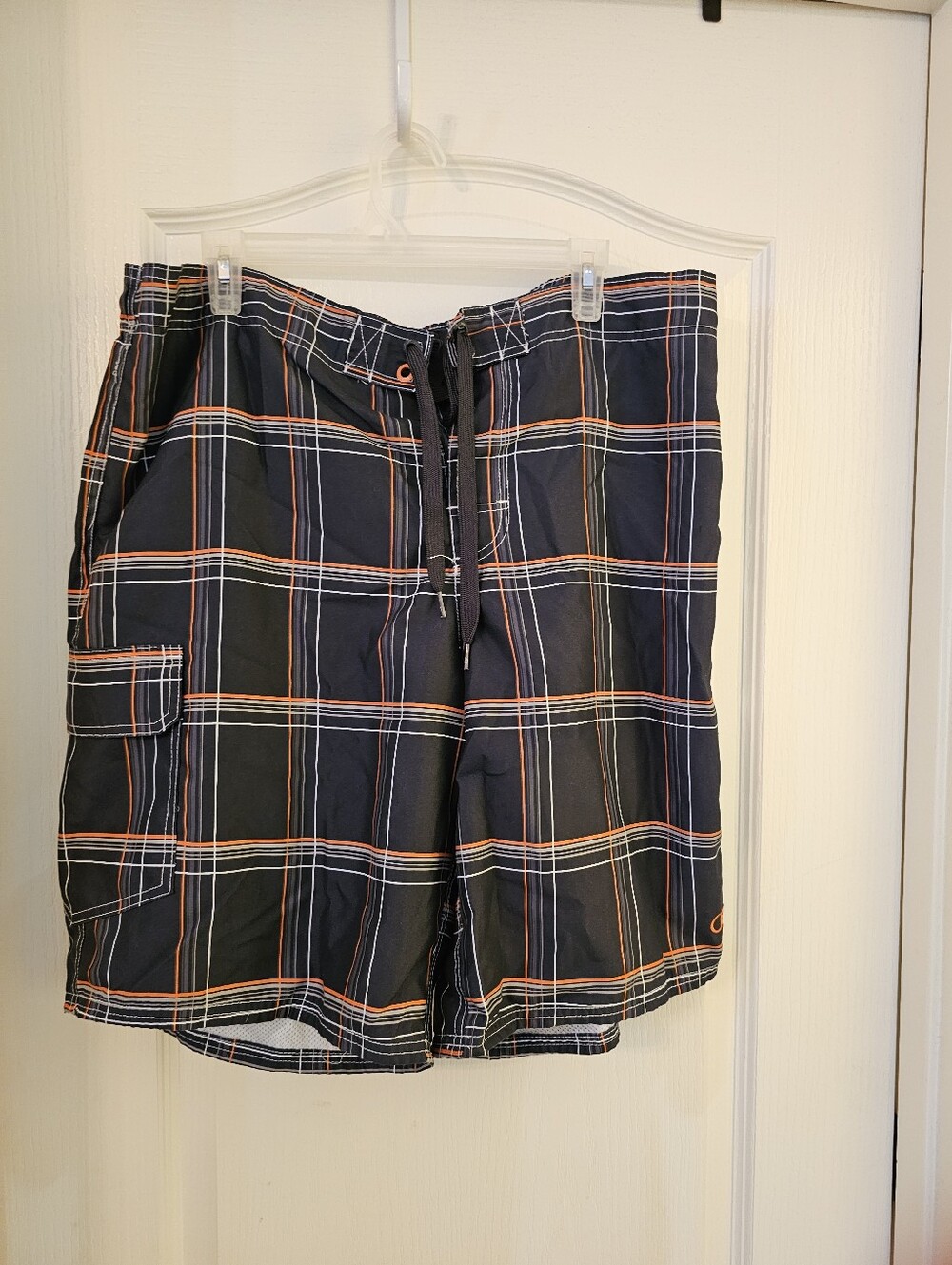 OP Men's Black Plaid Swim Board Shorts with Orange & White Lines